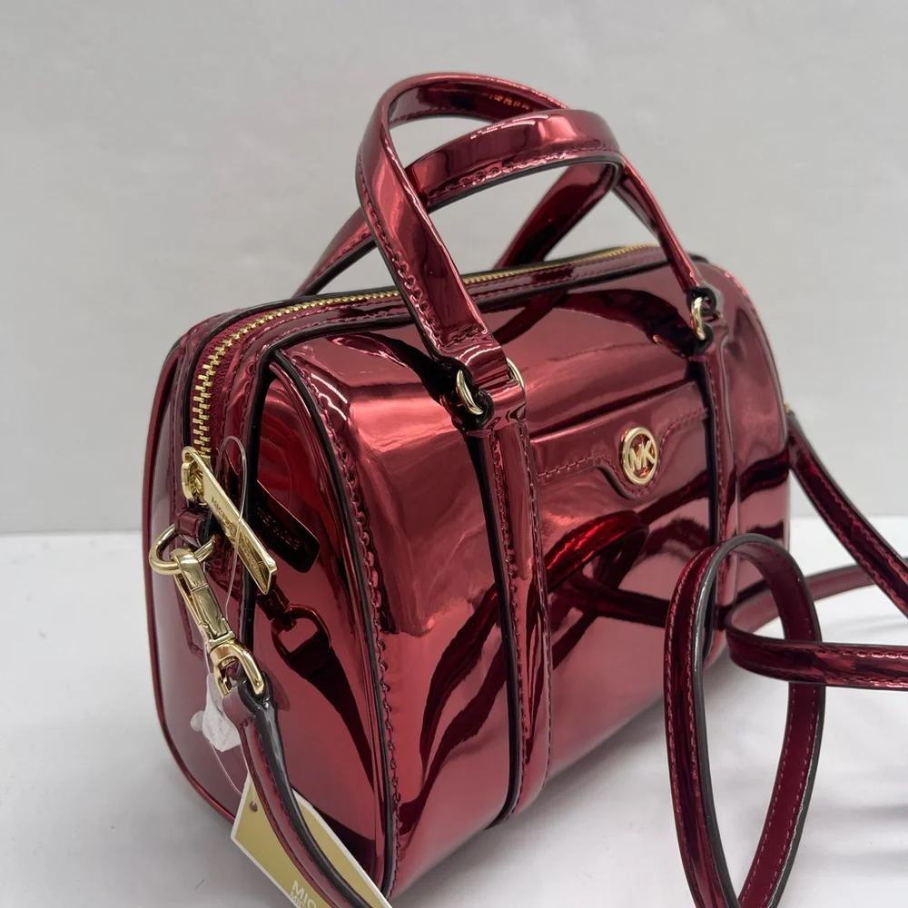 MICHAEL KORS Jet Set Sm Metallic Convertible Crossbody Duffle XBODY Cherry NWT